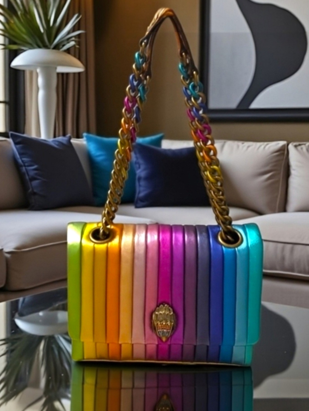 Kurt Geiger Lrg Kensington Leather Rainbow Metallic Shld/Crossbody + Dustbag NWT